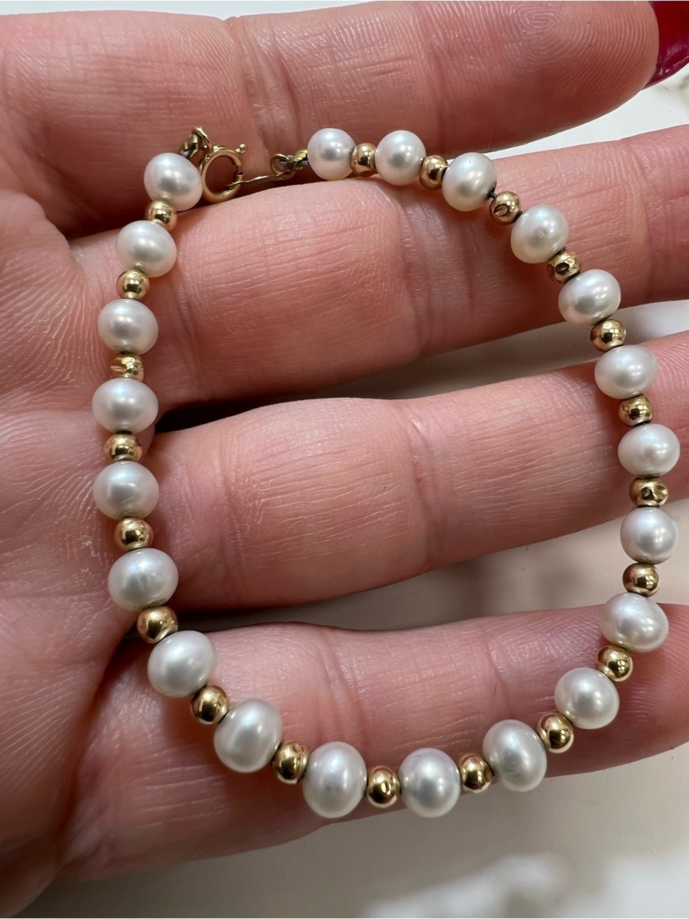Classic White Pearl and 14k Gold Bead Bracelet - Women's Jewelry